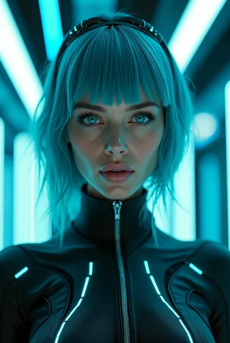 mature woman, extremely detailed, Tron movies  style , turquoise blue eyes , turquoise blue hair ,bang hair style ,full body
