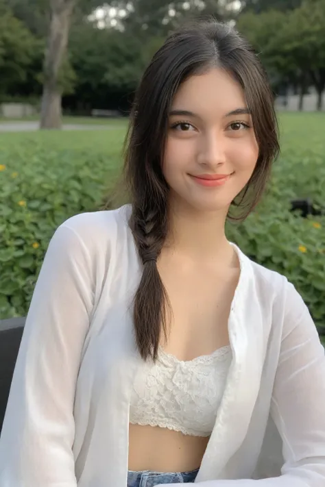 (Captured in exquisite detail and high resolution with Hasselblad X2D 100C with a 90mm f/2.5 lens, the image exudes a sense of purity and innocence). (First person view). (Pov as Virtual girlfriend date). Flirtatious smile. Date At backyard outdoors. perfe...