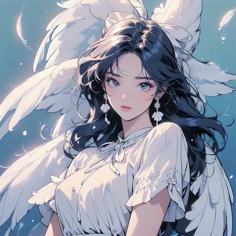 (((masterpiece, Highest quality)))、(((32K Wallpapers)))、Beautiful woman, Upper Body、Model pose、mysterious、(((Small breasts)))、Short sleeve、(((Colorful Hair))),(((Lots of white feathers)))、Angel、Detailed Hair, fluffy fabric、(((Big white ribbon)))、(((Water D...