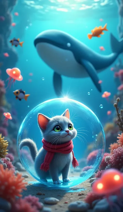 A realistic scene of Milo, the small gray kitten with green eyes and his signature red scarf, underwater in a fantastical sea world. Milo is surrounded by colorful fish, glowing jellyfish, and coral reefs that light up with soft neon hues. He wears a magic...