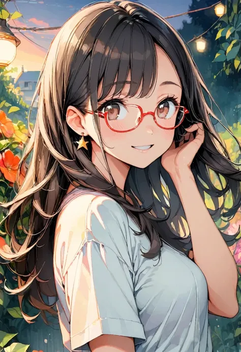 from side,look at viewer,hand in own hair,home garden,parted lips,colorful flowers

11girl, 17yo, brown eyes are shining and cute, black hair, long hair, extremely detailed neat hair, tareme, ((red-rimless eyewear:1.2)), star earrings, medium breasts, smil...