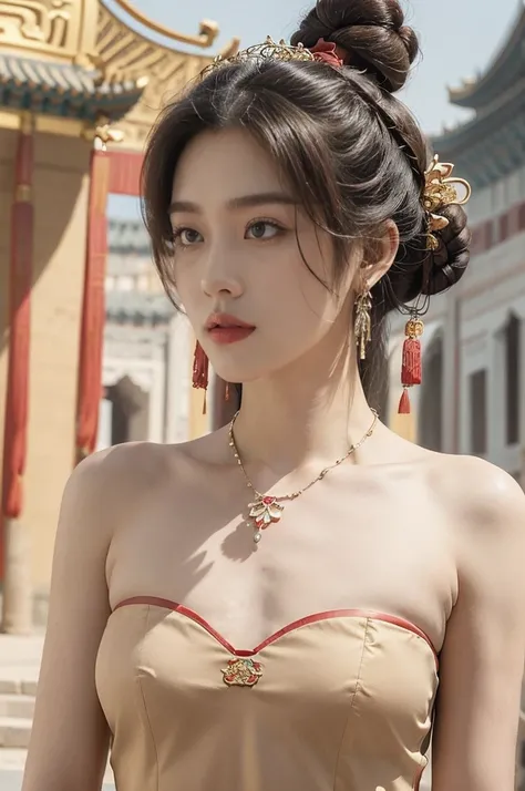 (((best quality))),(((ultra detailed))),(((masterpiece))),illustration,((a beautiful girl,solo)),(neat bun:1.2),((earrings,necklace)),((slim,thin)),((small breasts,flat chest)),(on a spacious empty square:1.3),(Stone brick floor:1.2),(distant immense Chine...