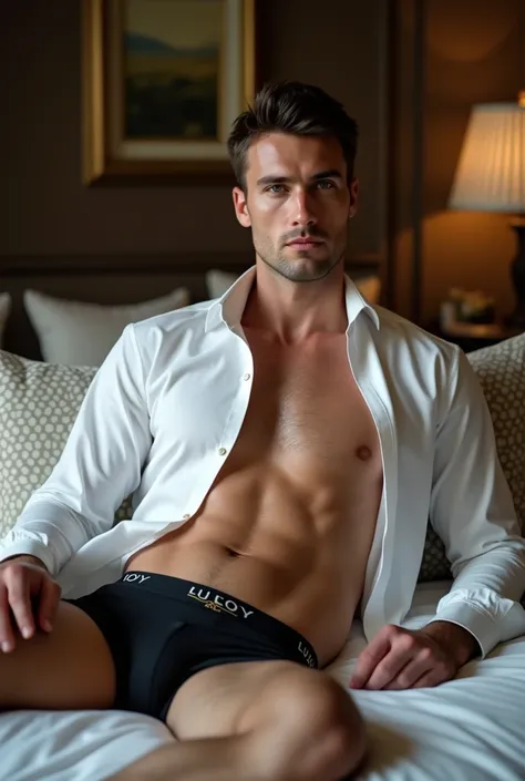 A white man, aged 35, model type, with short dark hair, with blue eyes, wearing a white shirt and black boxes, lying in the bed showing full body in one  side profilephoto frame and Lux classic company barding on trunk underwear big format