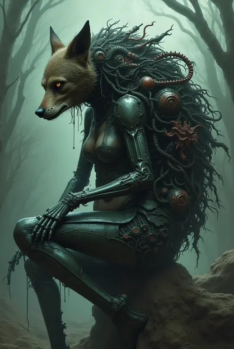 “Biomechanical Symbiosis”, female organic werewolf, dynamic pose, Macabre, Eerie, Sinister, Haunting, Melancholy, Morose, Gloom, Desolate, Enigmatic, Ominous, Mysterious, Cursed, Cryptic, Lurid, Twilight, Quirky, Eccentric, Grim, Dismal, Whimsical.
