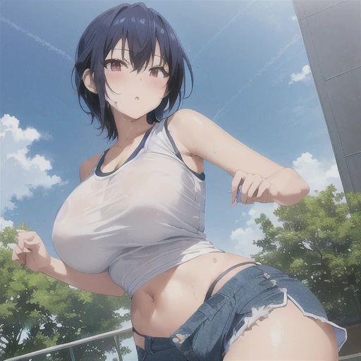 anime image of a woman wearing a white tank top and blue shorts, tits, naughty anime style, naughty, boyish beautiful anime girl...