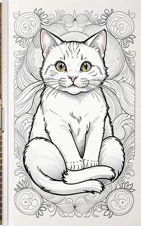 Only coloring and nothing else、High resolution white cat coloring book、Realistic texture、Carefully drawn down to the last detail