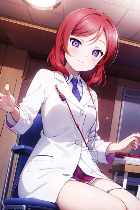 maki nishikino、embarrassed smile、bedroom、red hair、purple eyes、long white coat,wearing a white coat，doctor,examination room、put a...