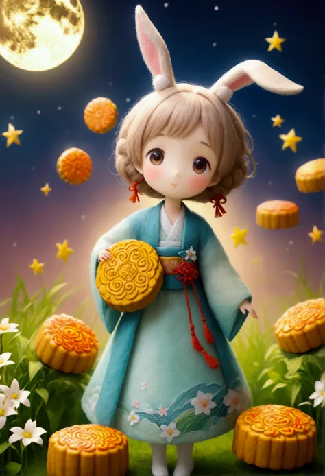 miniature photography,felt style,1 cute girl wearing hanfu,big eyes,felt clothing looks soft and warm in the moonlight,the moon ...