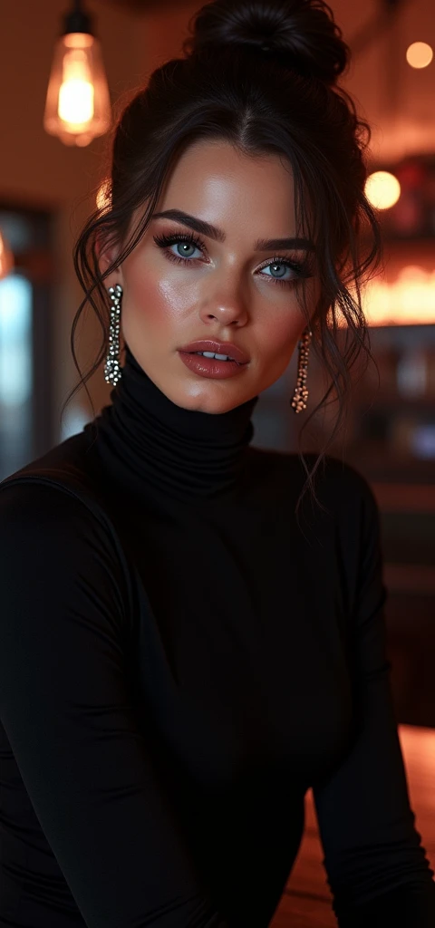 photo of incredibly sexy woman, sexy college girl, medium shot portrait, updo (black tight turtleneck long sleeve latex), in a bar, masterpiece, photorealistic, best quality, sexy smile, detailed skin, intricate, 8k, hdr, cinematic lighting, sharp focus, e...