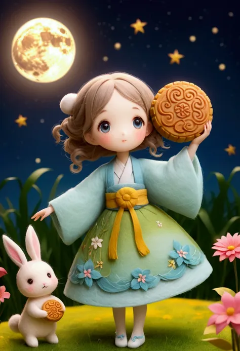 miniature photography,felt style,1 cute girl wearing hanfu,big eyes,felt clothing looks soft and warm in the moonlight,the moon ...