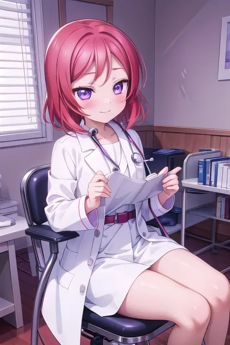 Maki Nishikino、Embarrassed smile、Bedroom、Red hair、Purple Eyes、Long white coat,Wearing a white coat，doctor,Examination room、Put a stethoscope around your neck、Sit in the examination chair、One girl, solo, One girl, 