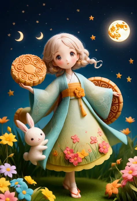 miniature landscape photography,felt style,1 cute girl wearing hanfu,big eyes,felt clothing looks soft and warm in the moonlight...