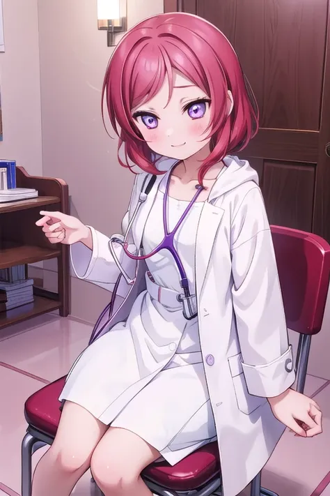 maki nishikino、embarrassed smile、bedroom、red hair、purple eyes、long white coat,wearing a white coat，doctor,examination room、put a...