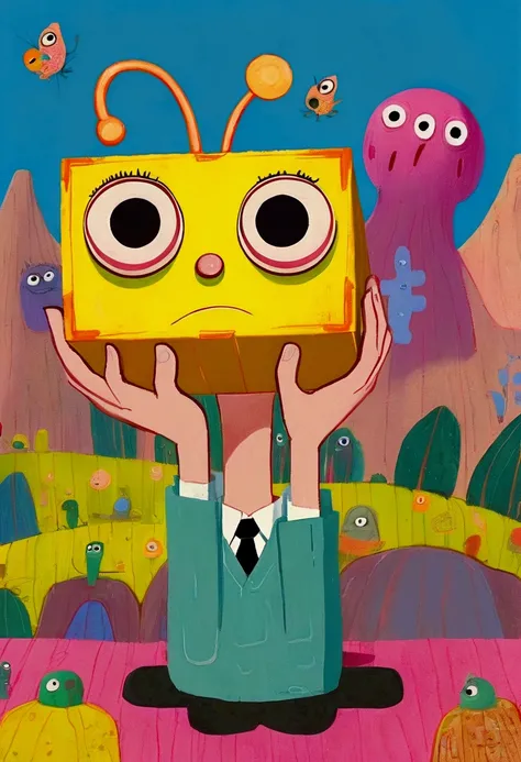 cartoon of a man with a big eye looking over a yellow box, film still from an cartoon, aardman character design, animated film still, animation film still, portrait of a cute monster, inspired by Tomi Ungerer, by Yi Inmun, animation character, big pink eye...