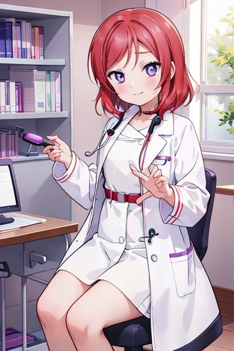 maki nishikino、embarrassed smile、bedroom、red hair、purple eyes、long white coat,wearing a white coat，doctor,examination room、put a...