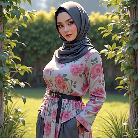 1 malay hijab mother at 40s, big jugs, 34F cup size, visible aeriola, visible bra line, slim waist, wearing abaya with floral pattern, body pose back of camera, proportional body, looking at viewer, in classroom, hyperrealism