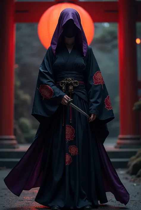 Samurai woman、Wife、Seductive sex appeal、A purple silk nun&#39;s hood to hide her hair、Plain black silk kimono with scarlet peony pattern、band、Uchikake、Hemline、drapery、bandに手挟んだ懐剣、Visiting a shrine in the dark、Standing posture、from the front