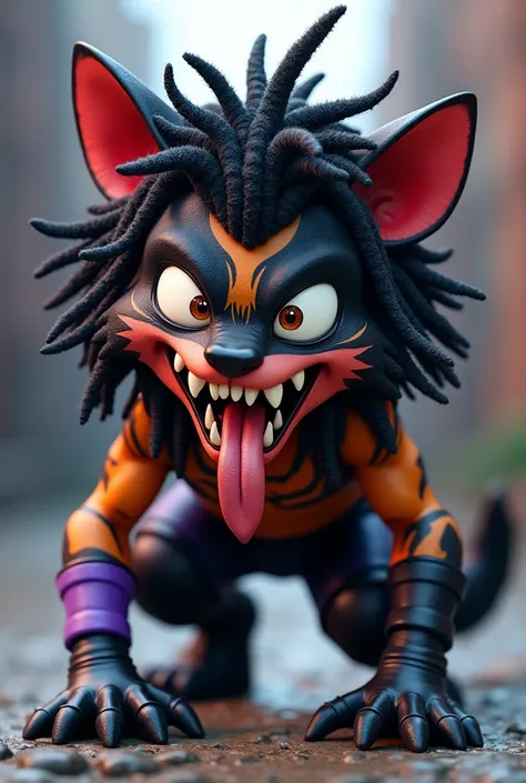 Cartoon Bandicoot dressed like WWE wrestler the Demon Fin Balor.

Black dreadlocks. Face painted like Marvels Venoms mouth with tongue sticking out and white teeth painted on chest. Black pants ordained with purple accents. Black Boots. Purple wrist tape.
...