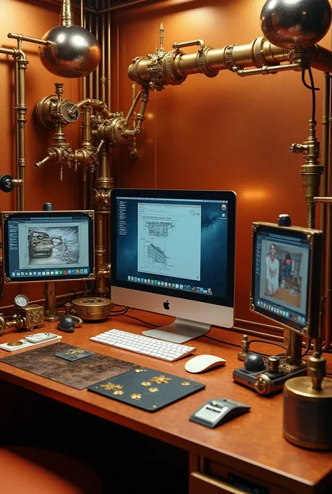 steampunk, imac toys, Two external displays are placed on the left and right、Plotters and printers, Copper Background, 3D Hyper Surrealism, Shiny, metallic, Black and copper color