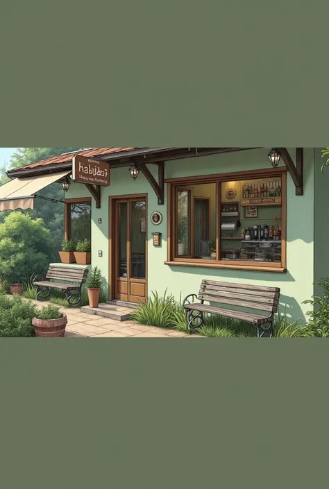 line-art painting of an coffee shop surrounded by green with the sign say "Habijabi Anything", light rain outside, detailed texture