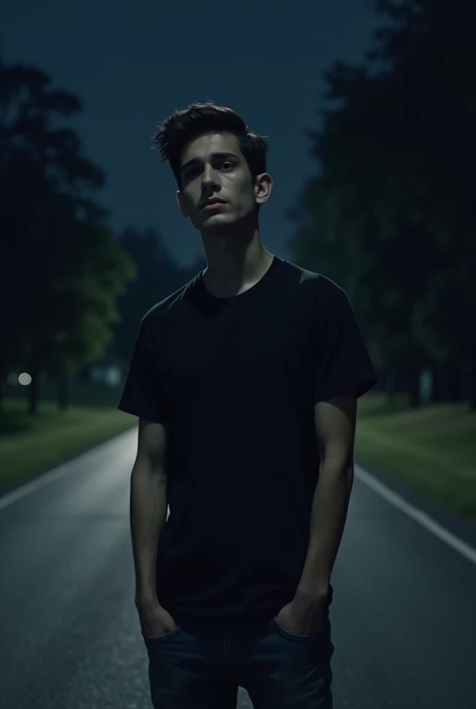 beautiful 18 year man, walking on road, wearing black t-shirt and jeans looking on camera in sad mood in dark night 
