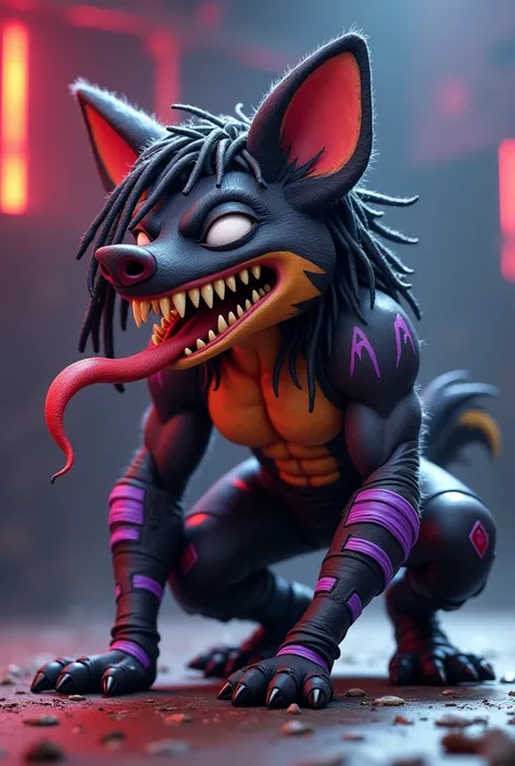 Cartoon Bandicoot dressed like WWE wrestler the Demon Fin Balor.

Black dreadlocks. Face and chest painted like Marvels Venoms mouth with tongue sticking out. Black pants ordained with purple accents. Black Boots. Purple wrist tape.

Crawling on all fours.