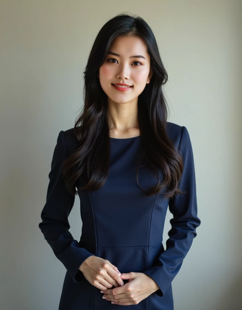 Facing the camera directly、Realistic portrait of a Japanese businesswoman。 double eyelid、long, Shiny black hair、Elegant and stately appearance。She&#39;s wearing a chic crewneck, Long sleeve navy blue dress.。Her posture is、Look forward, Place your hands tog...