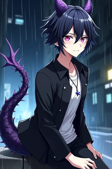 {{high quality}}, {{8K Ultra HD, Purple eyes}}, 1 male, dragon tail, dark-purple tail, plated tail, black jacket, white shirt, star necklace, Anatomical correct, Best quality, anime, thin body, dragon-guy, black hair, {{masterpiece}}, night time background...