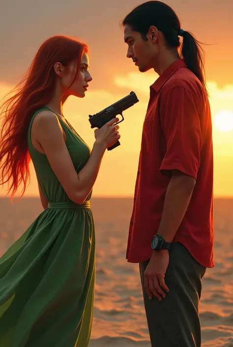 Decor : sur une plage deserte le soleil se couche 

Femme :   25 ans cheveux rouges mi long lisse habillée avec une robe verte tient une arme elle vise un homme elle semble désespérée 

Homme: 21 ans cheveux long noir avec une queu de cheval avec une chemi...