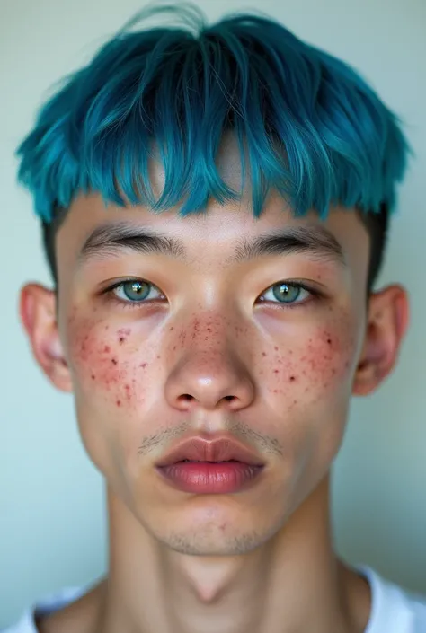 A man with blue blunt cut hairstyle and pimples 
