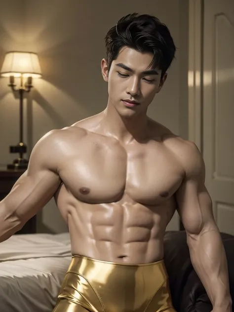 (Create a masterpiece: 1.2),(CGI Art:1.3),(realistic:1.5),(After processing:1.3), (sharp focus:1.3), 1 person, dehisce, laugh, (topless:1.3), Golden leggings, Korean Guy , Korean Men, (High gloss details), chest muscles, Big arm muscles, blood vessel, big ...