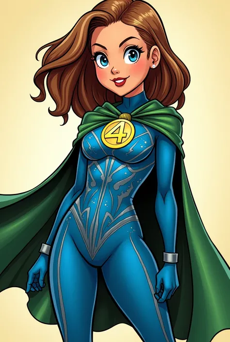 made a cartoon character valeria Richards. she is a fantastic four member.
wearing a green coloured cape.
Wearing Blue coloured designed costume.
Number four is printed on the Breast.
Sexy bold and hot figure.
Her hair will brown and open.
Made it like Car...