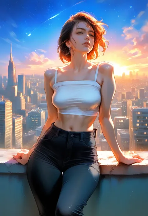 DEN_lils_lilsyourfav,
(cityscape:1.2) scene posing on the (rooftops:1.2) at (sunset:1.2) wearing clothes, wearing trousers and a top, (plain top:1.2), (top:1.2), (trousers:1.2), (cityscape:1.2), (night time sunset sky:1.3), (dark:1.1), (evening:1.2), vibra...