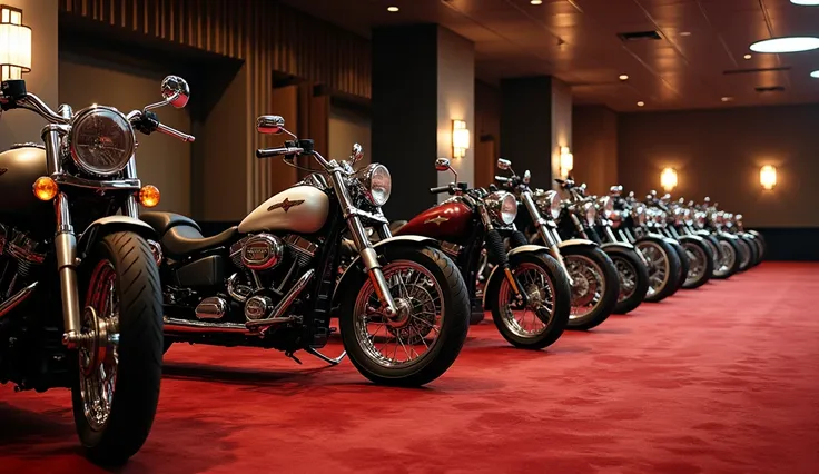 modern movie theatre lobby, displayed a lined up classic motorcycles right beside the hall, red carpet, wide shot