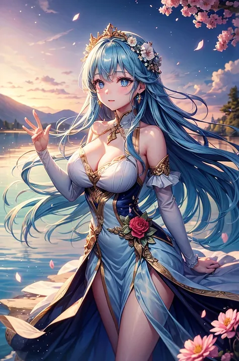 ((Highest quality)), ((masterpiece)), (detailed), One girl, (Large Breasts)Anime Style、Light blue hair color、((Fantastic sparkling blue eyes:1.3))、((Droopy eyes、Calm look))、Fantastic Background、"Create a serene scene with a character standing beside a crys...