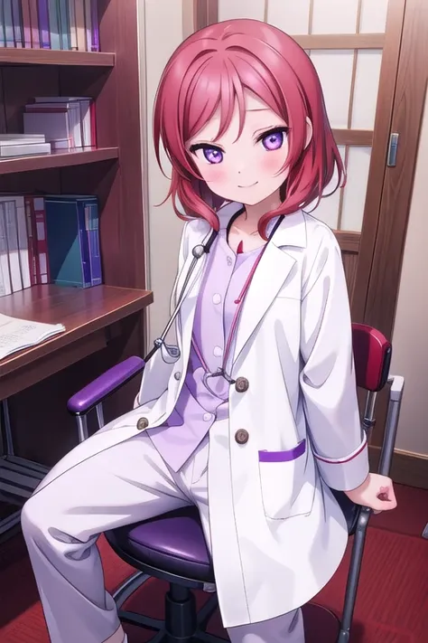 maki nishikino、embarrassed smile、bedroom、red hair、purple eyes、long white coat,wearing a white coat，doctor,examination room、put a...