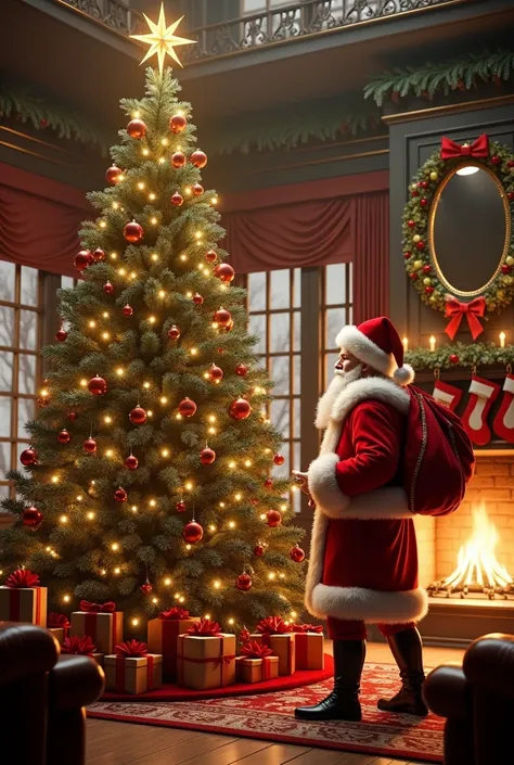 The image was meant to depict a huge, beautifully decorated Christmas tree standing in a cozy, warmly lit living room. The tree would be adorned with lights, ornaments, and a star on top. Beside the tree, a handsome Santa Claus, dressed in a traditional re...