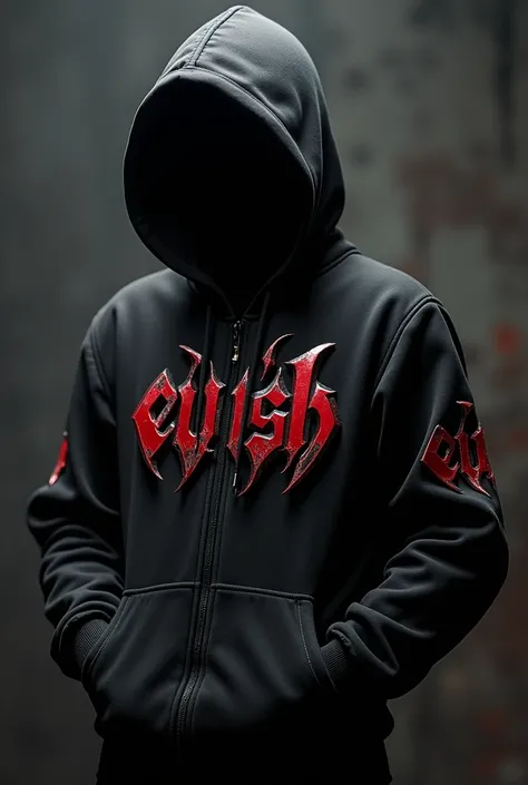 Make me hoodie with text “EVISH” in metal logo desigh  red and black combination gothic look and high quality more detail