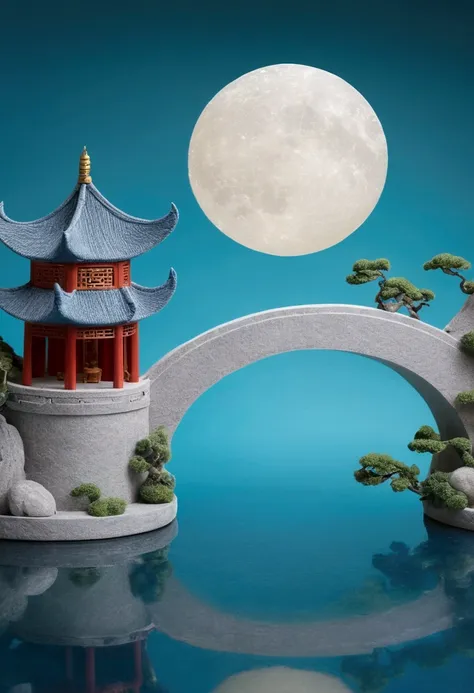 guanghan palace，felt texture，chinese mythology，round moon，traditional chinese architecture，3d cartoon miniature scene, with a ca...