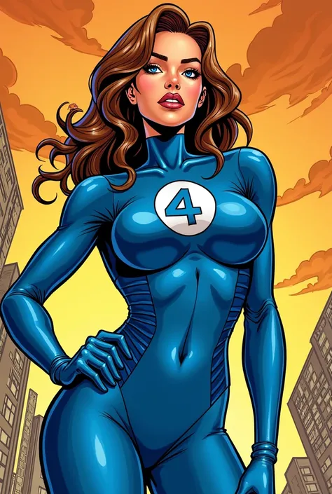 made a comic character valeria Richards. 
she is a fantastic four member.
wearing a green coloured cape.
Wearing Blue coloured designed costume.
Number four is printed on the Breast.
Sexy bold and hot figure.
Her hair will brown and open.
Made it like Cart...