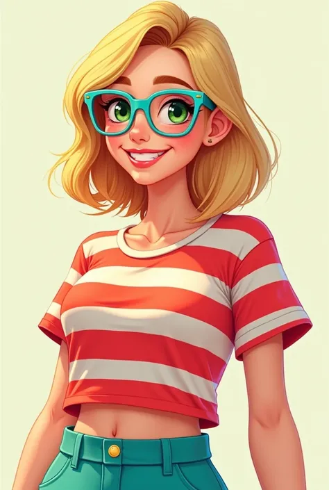 Create me a 20 year old girl with a red, white striped t-shirt, turquoise pants, blonde hair and has blonde glasses and green eyes 