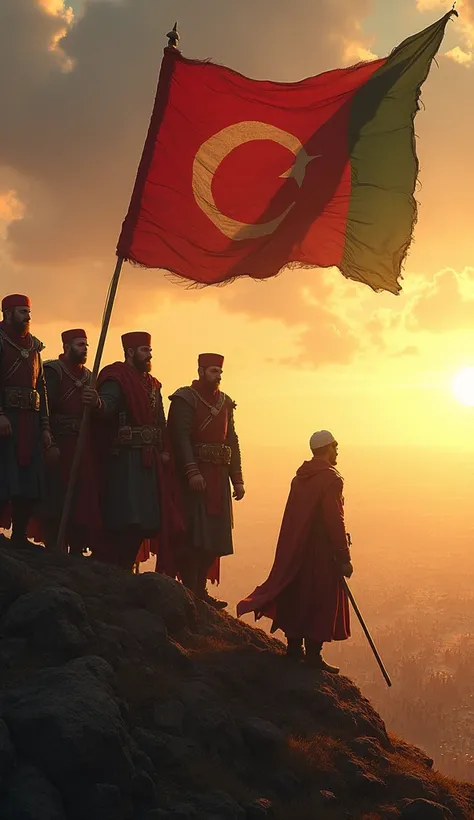 Victorious Ottoman soldiers stand triumphantly atop a hill, raising their flag high as the sun sets behind them. The flag itself is large, rippling in the wind, its vibrant reds and greens standing out against the golden sky. Below them, the battlefield is...