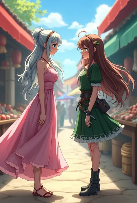 Anime girl with gray hair.Tall and blue eyes at age. 18 wearing a calm and beautiful pink dress and standing in the market with another girl at the age of 16 with long brown hair and green eyes with sharp and angry features and has green combat clothes and...