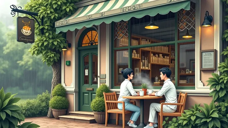 A detailed line-art painting of a cozy coffee shop surrounded by lush greenery, with a sign, light rain falling outside, highly detailed textures, warm lighting, photorealistic, cinematic composition, intricate architectural details, beautiful stained glas...