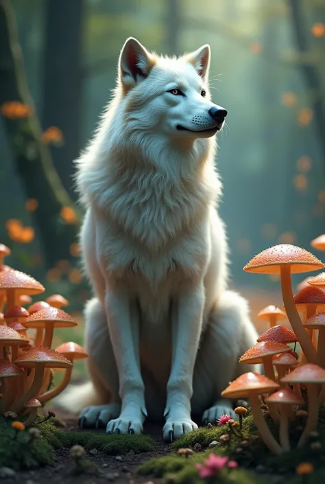 a benign and spiritually awakened werewolf, surrounded by cubensis mushrooms