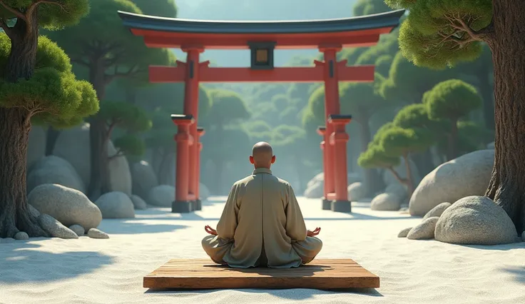 A Japanese Zen sage meditating in a minimalist garden of white sand and large stones. He is sitting cross-legged on a wooden platform, with an old red torii gate in the background and tall pine trees all around, symbolizing serenity and spirituality.

