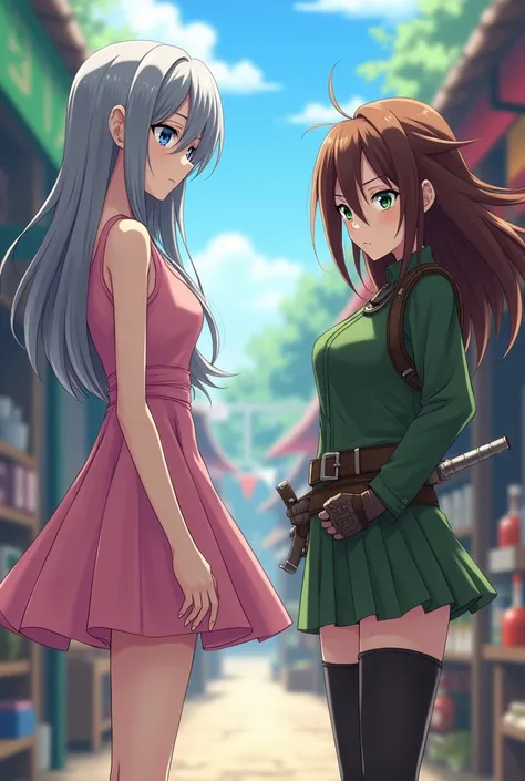 Anime girl with gray hair.Tall and blue eyes at age. 18 wearing a short, elegant pink dress and standing in the market with another girl of  with long brown hair and green eyes with sharp, angry features and green combat clothing and carrying a dagger on h...