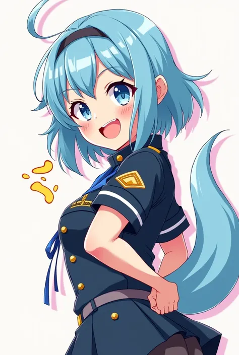 one girl ,light blue hair, anime girl, yellow fart, combat uniform, instructor, smiling face, sticking out her ass,senior,fart.
