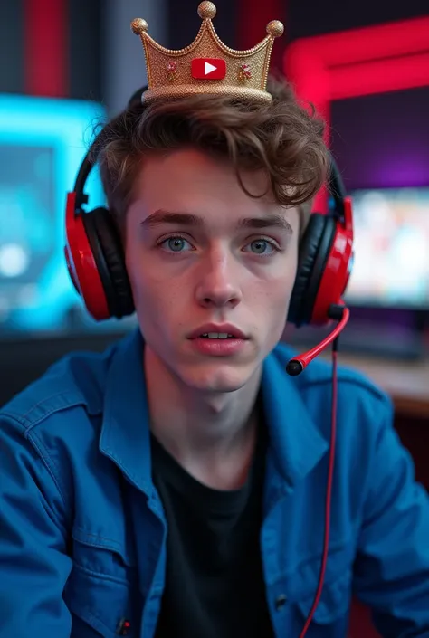 Handsome faced kid Youtuber in a blue jacket With a crown with the H logo and a red headset 