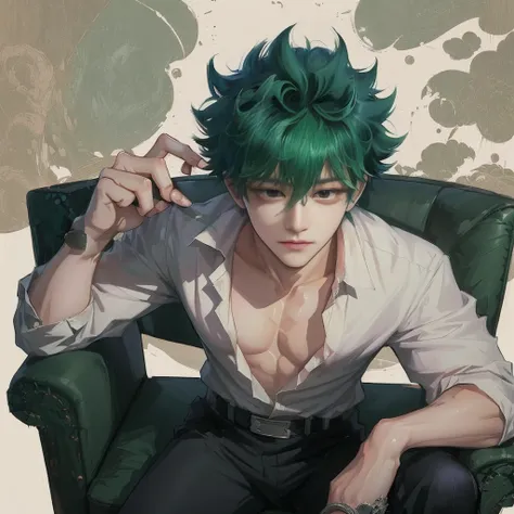 anime guy with green hair sitting in a green chair, izuku midoriya, boku no hero academia style, handsome guy in demon slayer art, inspired by Okumura Masanobu, high quality fanart, handsome anime pose, key anime art, in my hero academia, hq artwork, kenta...